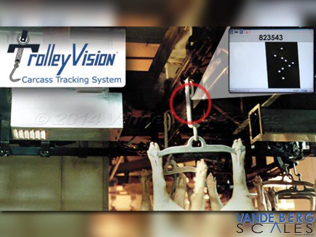 Trolley Vision Carcass Tracking System with close-up of trolley strap unique ID